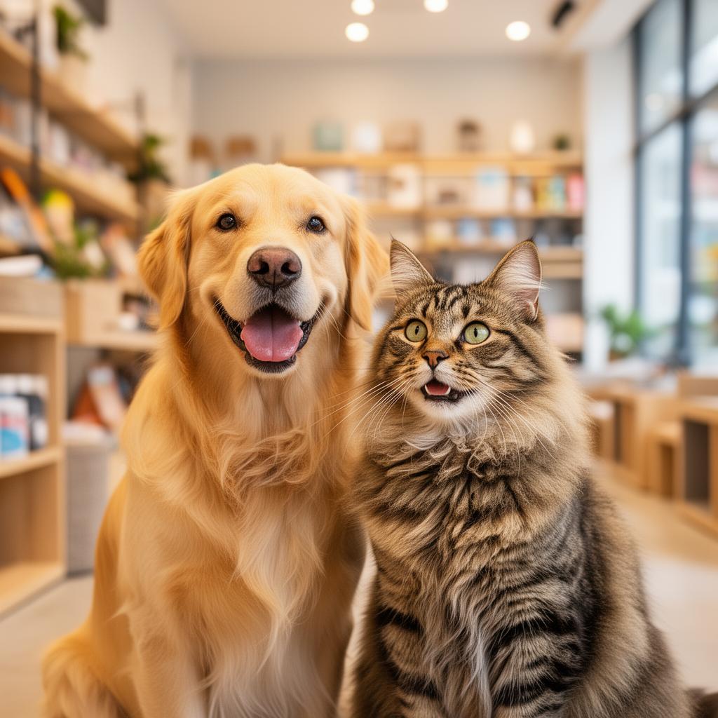 Cachorro golden retriever e gato felizes juntos na Praça dos Bichos
